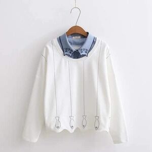 Yue Ran Boutique White Fish Print Sweatshirt Cat Embroidered Collar Scalloped S